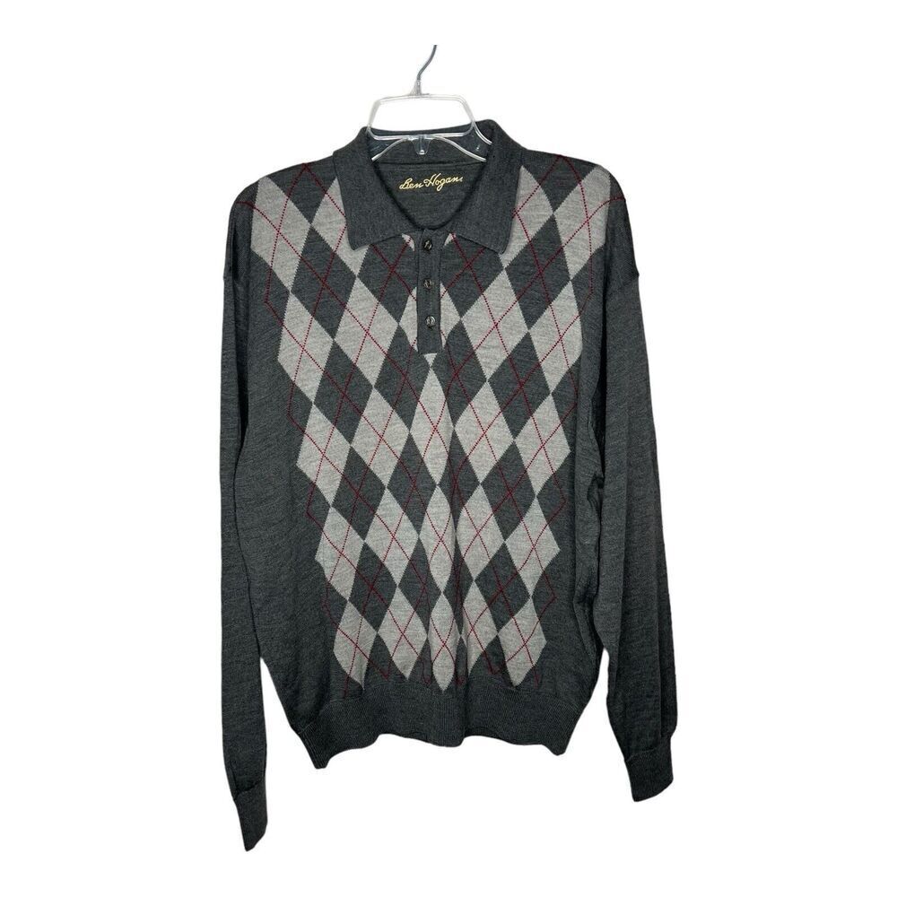 Ben Hogan Sweater Mens Large Argyle Wool Academia 1/4 Zip Gray Knit Collared